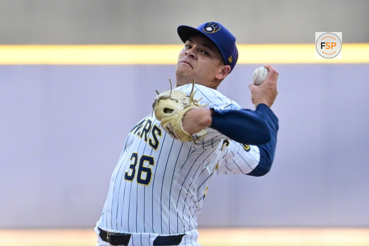 Aug 10, 2024; Milwaukee, Wisconsin, USA; Milwaukee Brewers starting pitcher Tobias Myers (36) pitches against the Cincinnati Reds in the first inning at American Family Field. Credit: Benny Sieu-USA TODAY Sports