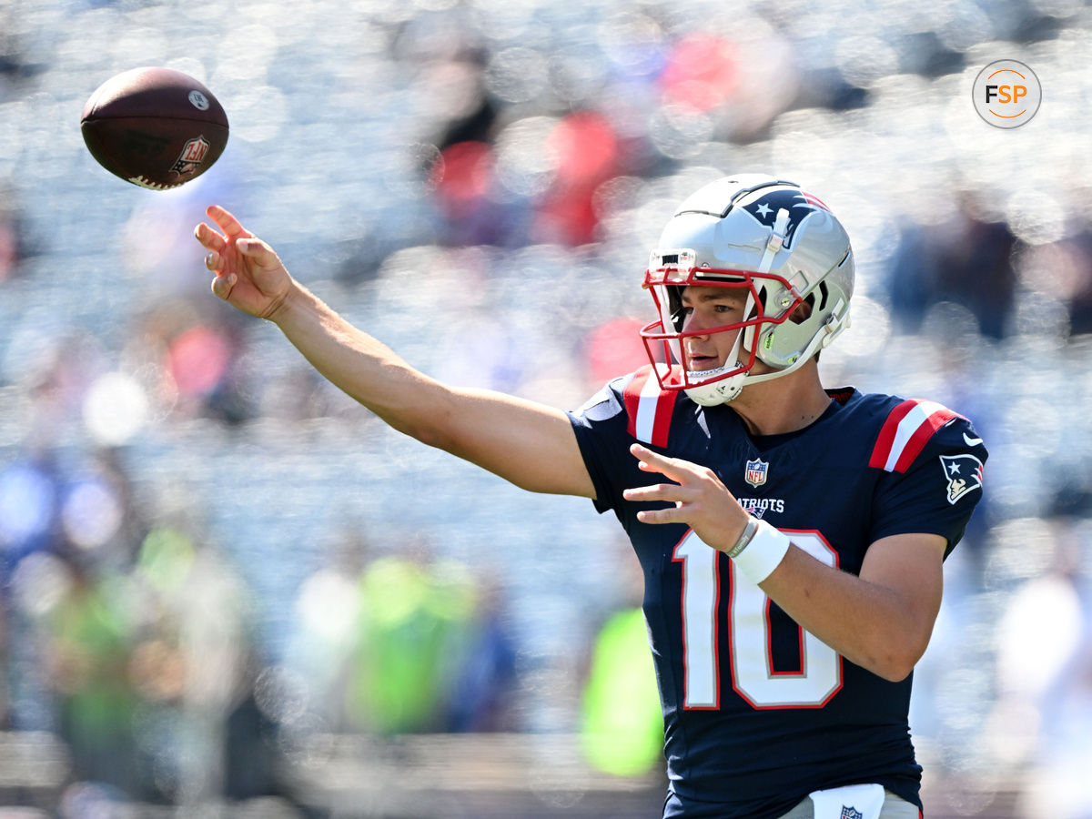 Sep 15, 2024; Foxborough, Massachusetts, USA; New England Patriots quarterback Drake Maye (10) throws the ball before a game against the Seattle Seahawks Gillette Stadium. Credit: Brian Fluharty-Imagn Images