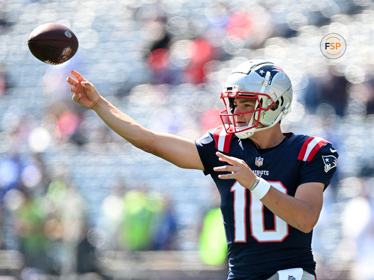 Sep 15, 2024; Foxborough, Massachusetts, USA; New England Patriots quarterback Drake Maye (10) throws the ball before a game against the Seattle Seahawks Gillette Stadium. Credit: Brian Fluharty-Imagn Images