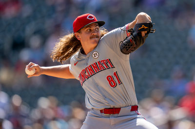 Sep 15, 2024; Minneapolis, Minnesota, USA; Cincinnati Reds starting pitcher Rhett Lowder (81) delivers a pitch against the Minnesota Twins in the first inning at Target Field. Mandatory Credit: Jesse Johnson-Imagn Images