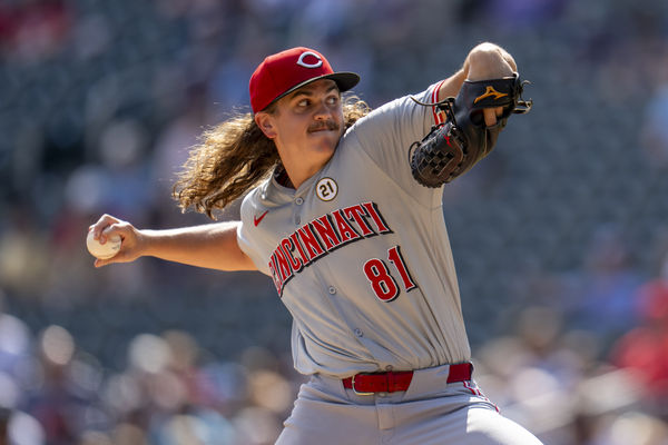 Sep 15, 2024; Minneapolis, Minnesota, USA; Cincinnati Reds starting pitcher Rhett Lowder (81) delivers a pitch against the Minnesota Twins in the first inning at Target Field. Mandatory Credit: Jesse Johnson-Imagn Images