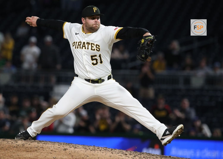 Apr 30, 2025; Pittsburgh, Pennsylvania, USA;  Pittsburgh Pirates relief pitcher David Bednar (51) pitches against the Chicago Cubs during the ninth inning at PNC Park. Credit: Charles LeClaire-Imagn Images