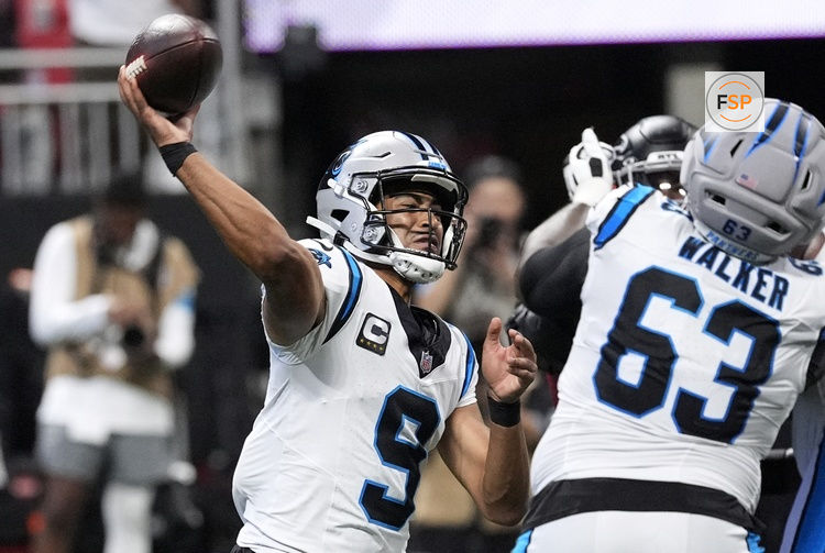 Sep 20, 2026; Atlanta, Georgia, USA;  Carolina Panthers quarterback Bryce Young (9) throws a pass during the second quarter against the Atlanta Falcons at Mercedes-Benz Stadium.  Credit: Dale Zanine-Imagn Images