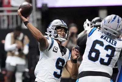 Sep 20, 2026; Atlanta, Georgia, USA;  Carolina Panthers quarterback Bryce Young (9) throws a pass during the second quarter against the Atlanta Falcons at Mercedes-Benz Stadium.  Mandatory Credit: Dale Zanine-Imagn Images