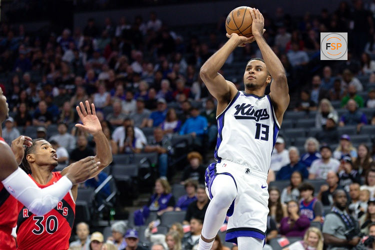 Oct 8, 2025; Sacramento, California, USA; Sacramento Kings forward Keegan Murray (13) shoots the ball during the first quarter against the Toronto Raptors at Golden 1 Center. Credit: Sergio Estrada-Imagn Images