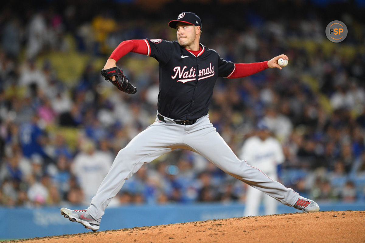 LOS ANGELES, CA - APRIL 16: Washington Nationals pitcher Patrick Corbin (46) throws a pitch during the MLB game between the Washington Nationals and the Los Angeles Dodgers on April 16, 2024 at Dodger Stadium in Los Angeles, CA. (Photo by Brian Rothmuller/Icon Sportswire)