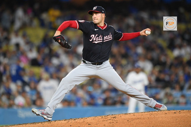 LOS ANGELES, CA - APRIL 16: Washington Nationals pitcher Patrick Corbin (46) throws a pitch during the MLB game between the Washington Nationals and the Los Angeles Dodgers on April 16, 2024 at Dodger Stadium in Los Angeles, CA. (Photo by Brian Rothmuller/Icon Sportswire)