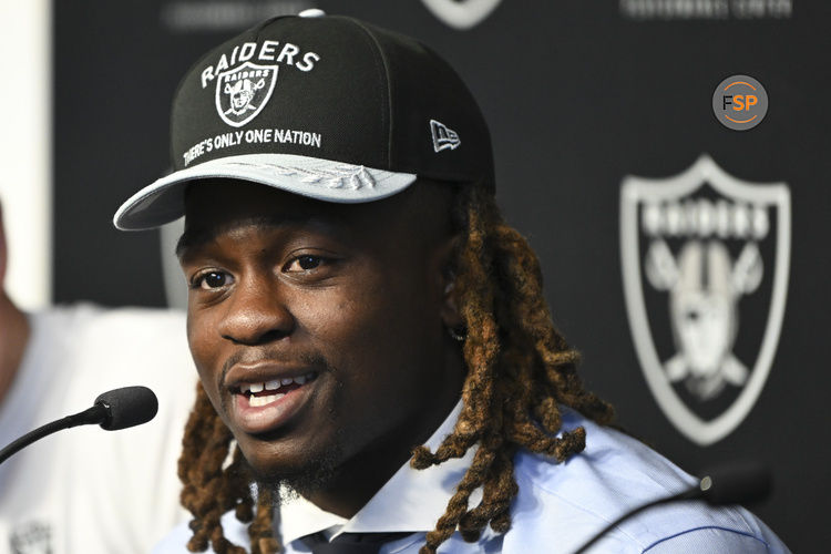 Apr 25, 2025; Henderson, NV, USA; Las Vegas Raiders first round draft pick in the 2025 NFL Draft Ashton Jeanty, speaks to the media at Intermountain Health Performance Center. Credit: Candice Ward-Imagn Images