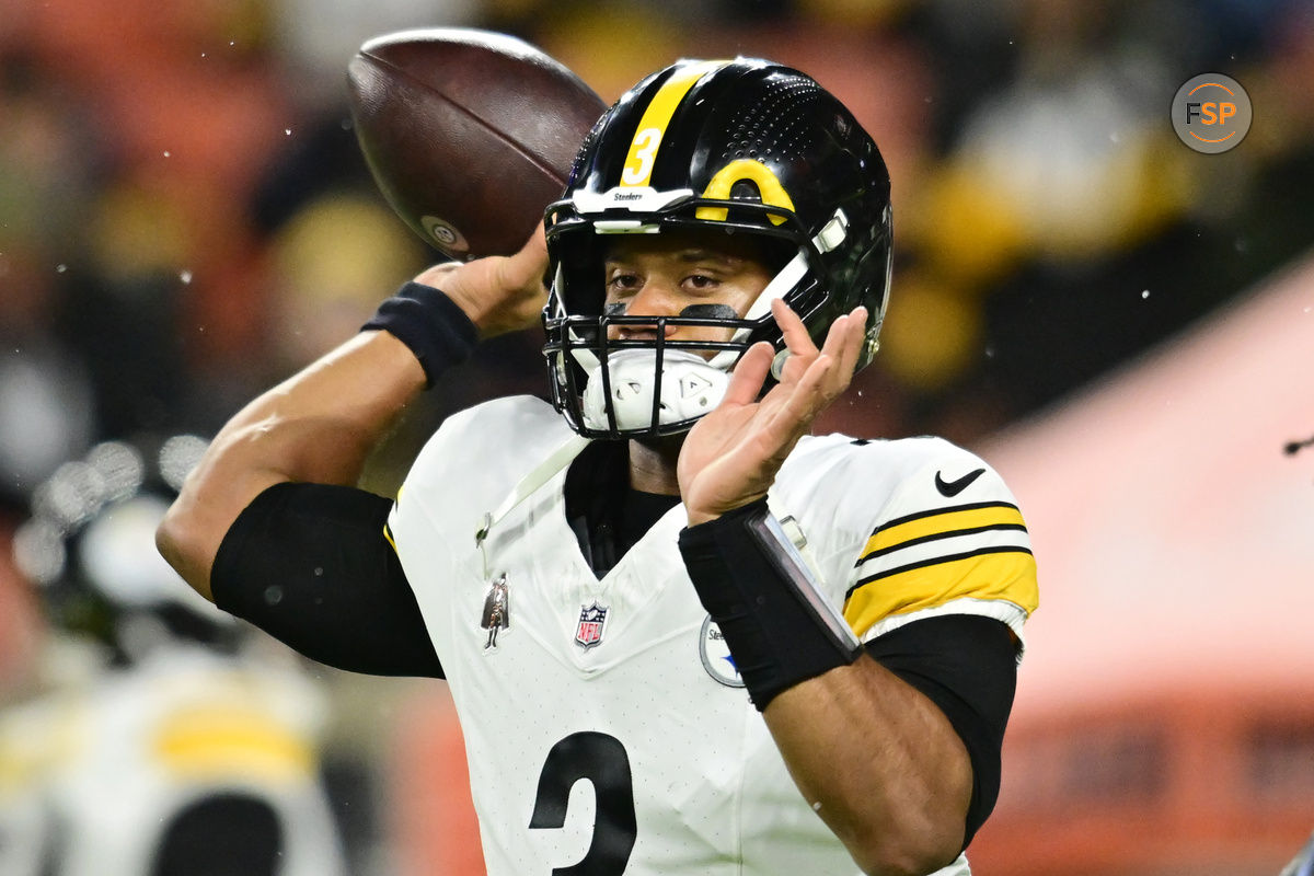 Nov 21, 2024; Cleveland, Ohio, USA; Pittsburgh Steelers quarterback Russell Wilson (3) warms up before the game between the Cleveland Browns and the Steelers at Huntington Bank Field. Credit: Ken Blaze-Imagn Images