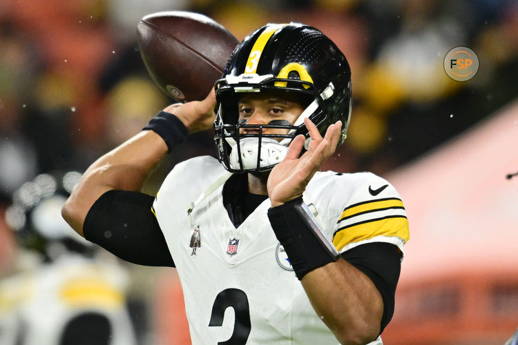 Nov 21, 2024; Cleveland, Ohio, USA; Pittsburgh Steelers quarterback Russell Wilson (3) warms up before the game between the Cleveland Browns and the Steelers at Huntington Bank Field. Credit: Ken Blaze-Imagn Images