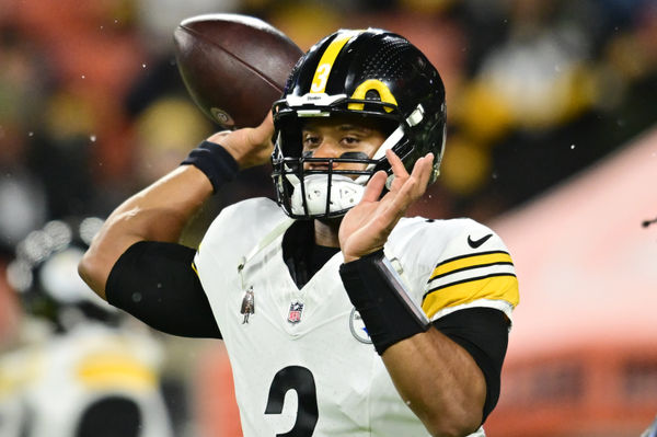 Nov 21, 2024; Cleveland, Ohio, USA; Pittsburgh Steelers quarterback Russell Wilson (3) warms up before the game between the Cleveland Browns and the Steelers at Huntington Bank Field. Mandatory Credit: Ken Blaze-Imagn Images