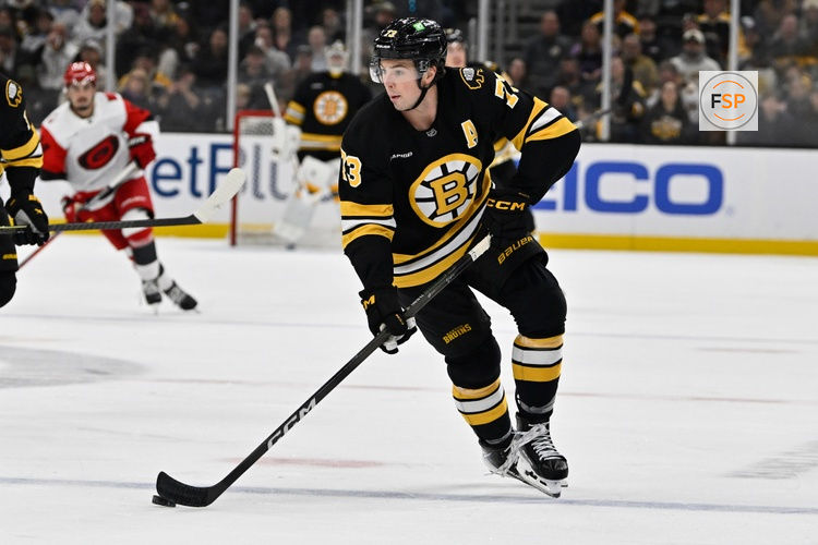 Nov 1, 2025; Boston, Massachusetts, USA; Boston Bruins defenseman Charlie McAvoy (73) skates with the puck during the third period against the Carolina Hurricanes at TD Garden. Credit: Eric Canha-Imagn Images