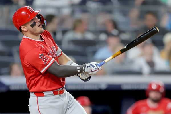 Apr 15, 2026; Bronx, New York, USA; Los Angeles Angels center fielder Mike Trout watches his two run home run against the New York Yankees during the fifth inning at Yankee Stadium. All MLB players are wearing number 42 today to honor Jackie Robinson. Mandatory Credit: Brad Penner-Imagn Images