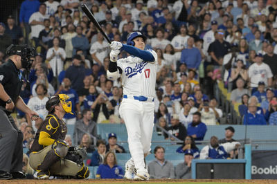 Oct 6, 2024; Los Angeles, California, USA; Los Angeles Dodgers designated hitter Shohei Ohtani (17) at bat in the sixth inning against the San Diego Padres during game two of the NLDS for the 2024 MLB Playoffs at Dodger Stadium. Mandatory Credit: Jayne Kamin-Oncea-Imagn Images