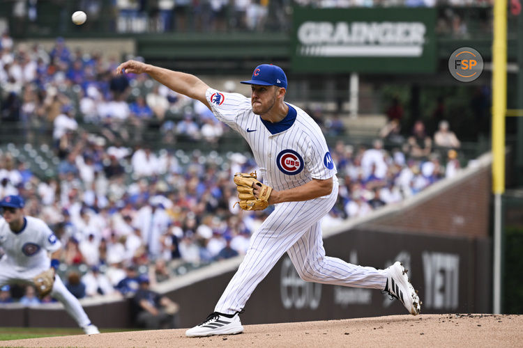 Jun 19, 2025; Chicago, Illinois, USA;  Chicago Cubs pitcher Jameson Taillon (50) delivers during the first inning against the Milwaukee Brewers at Wrigley Field. Credit: Matt Marton-Imagn Images