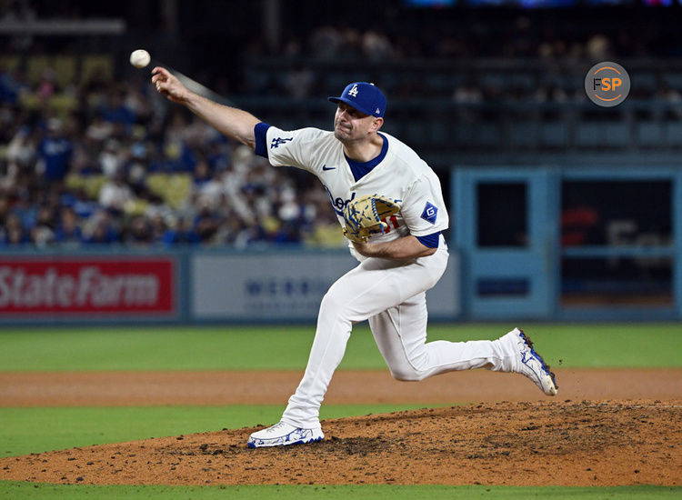 LOS ANGELES, CA - JUNE 12: Los Angeles Dodgers pitcher Daniel Hudson (41) pitching during an MLB baseball game against the Texas Rangers played on June 12, 2024 at Dodger Stadium in Los Angeles, CA. (Photo by John Cordes/Icon Sportswire)