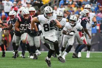 Sep 7, 2025; Foxborough, Massachusetts, USA; Las Vegas Raiders tight end Brock Bowers (89) makes a catch against the New England Patriots during the second half at Gillette Stadium. Mandatory Credit: Bob DeChiara-Imagn Images