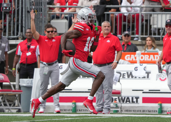 COLUMBUS, OH - SEPTEMBER 09: Wide receiver Marvin Harrison Jr. #18 of the Ohio State Buckeyes runs with the ball during the first half against the Youngstown State Penguins at Ohio Stadium in Columbus, Ohio on September 9, 2023. (Photo by Jason Mowry/Icon Sportswire)