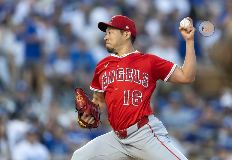 Feb 28, 2025; Phoenix, Arizona, USA; Los Angeles Angels pitcher Yusei Kikuchi (16) against the Los Angeles Dodgers during a spring training game at Camelback Ranch-Glendale. Credit: Mark J. Rebilas-Imagn Images