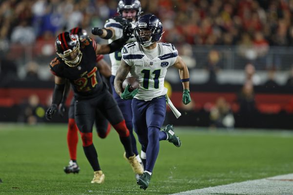 Jan 3, 2026; Santa Clara, California, USA; Seattle Seahawks wide receiver Jaxon Smith-Njigba (11) runs after a catch against the San Francisco 49ers during the first half at Levi's Stadium. Mandatory Credit: Sergio Estrada-Imagn Images