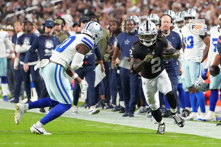 Nov 17, 2025; Paradise, Nevada, USA; Las Vegas Raiders running back Ashton Jeanty (2) runs after the catch against the Dallas Cowboys during the first half at Allegiant Stadium. Credit: Stephen R. Sylvanie-Imagn Images