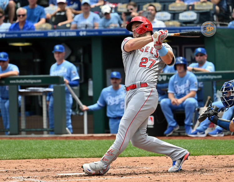 KANSAS CITY, MO - JUNE 18: Los Angeles Angels center fielder Mike Trout (27) doubles in the fourth inning during a MLB game between the Los Angeles Angels and the Kansas City Royals on June 18, 2023, at Kauffman Stadium in Kansas City, Mo. (Photo by Keith Gillett/Icon Sportswire)