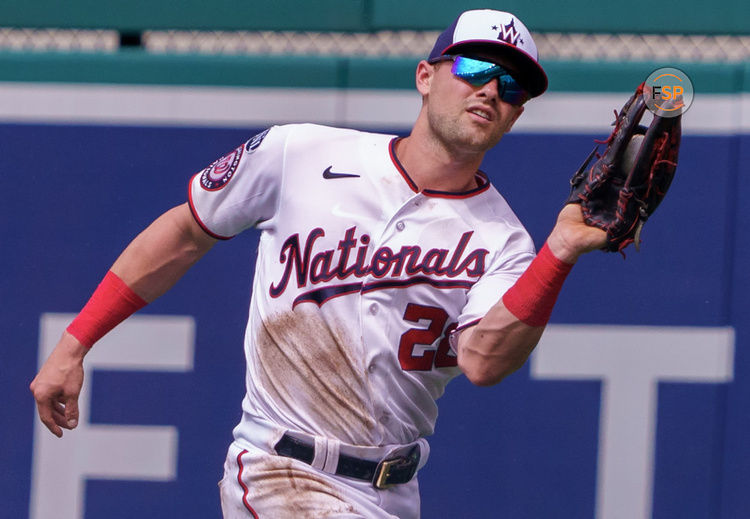 WASHINGTON, DC - JULY 06:  Washington Nationals right fielder Lane Thomas (28) moves over for an out during a MLB game between the Washington Nationals and the Cincinnati Reds on July 06, 2023 at Nationals Park, in Washington DC.
(Photo by Tony Quinn/Icon Sportswire)