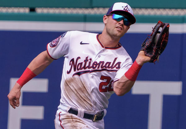 WASHINGTON, DC - JULY 06:  Washington Nationals right fielder Lane Thomas (28) moves over for an out during a MLB game between the Washington Nationals and the Cincinnati Reds on July 06, 2023 at Nationals Park, in Washington DC.
(Photo by Tony Quinn/Icon Sportswire)