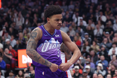 Feb 22, 2025; Salt Lake City, Utah, USA; Utah Jazz guard Keyonte George (3) reacts to a play against the Houston Rockets during the first half at Delta Center. Mandatory Credit: Rob Gray-Imagn Images