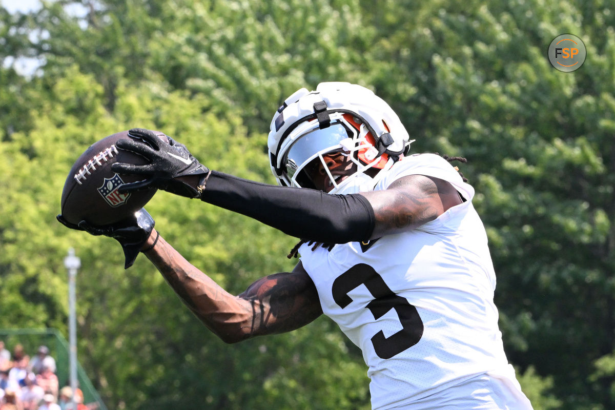 Aug 4, 2024; Cleveland Browns wide receiver Jerry Jeudy (3) makes a catch during practice at the Browns training facility in Berea, Ohio. Credit: Bob Donnan-USA TODAY Sports