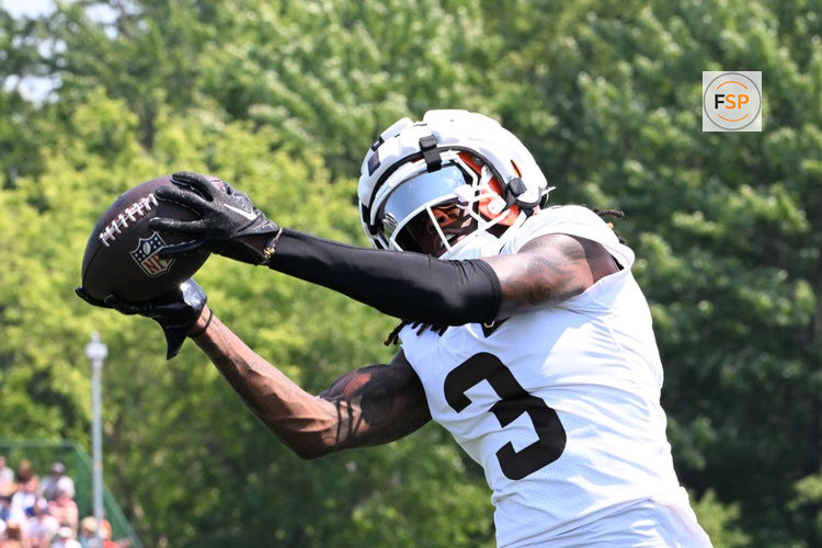 Aug 4, 2024; Cleveland Browns wide receiver Jerry Jeudy (3) makes a catch during practice at the Browns training facility in Berea, Ohio. Credit: Bob Donnan-USA TODAY Sports