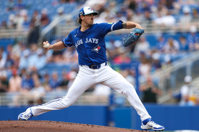 Mar 10, 2025; Dunedin, Florida, USA; Toronto Blue Jays pitcher Kevin Gausman (34) throws a pitch against the Houston Astros in the second inning during spring training at TD Ballpark. Mandatory Credit: Nathan Ray Seebeck-Imagn Images