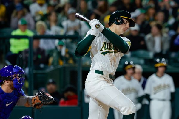 Mar 31, 2025; West Sacramento, California, USA; Athletics first base Tyler Soderstrom (21) during the game against the Chicago Cubs at Sutter Health Park. Mandatory Credit: Sergio Estrada-Imagn Images