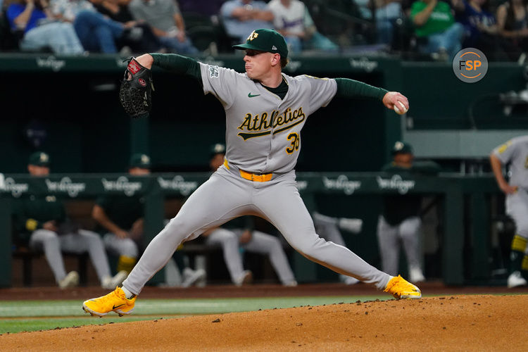 Apr 28, 2025; Arlington, Texas, USA; Athletics starting pitcher JP Sears (38) throws to the plate during the first inning against the Texas Rangers at Globe Life Field. Credit: Raymond Carlin III-Imagn Images