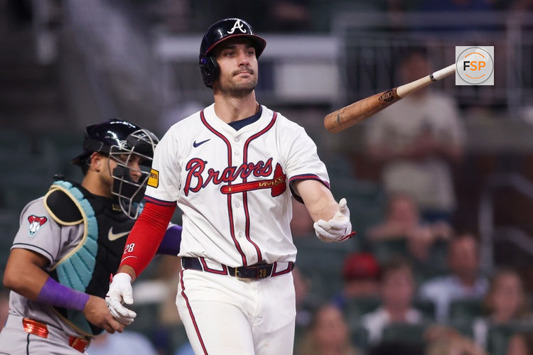 Jun 3, 2025; Atlanta, Georgia, USA; Atlanta Braves first baseman Matt Olson (28) reacts after a strikeout against the Arizona Diamondbacks in the eighth inning at Truist Park. Credit: Brett Davis-Imagn Images
