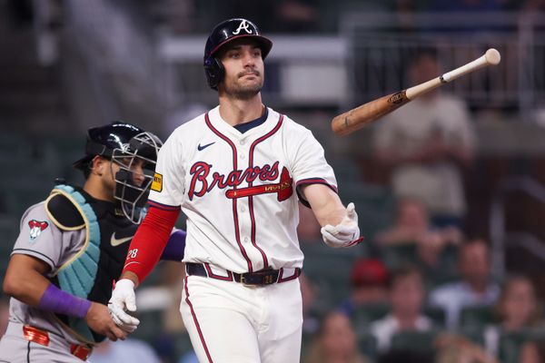 Jun 3, 2025; Atlanta, Georgia, USA; Atlanta Braves first baseman Matt Olson (28) reacts after a strikeout against the Arizona Diamondbacks in the eighth inning at Truist Park. Mandatory Credit: Brett Davis-Imagn Images
