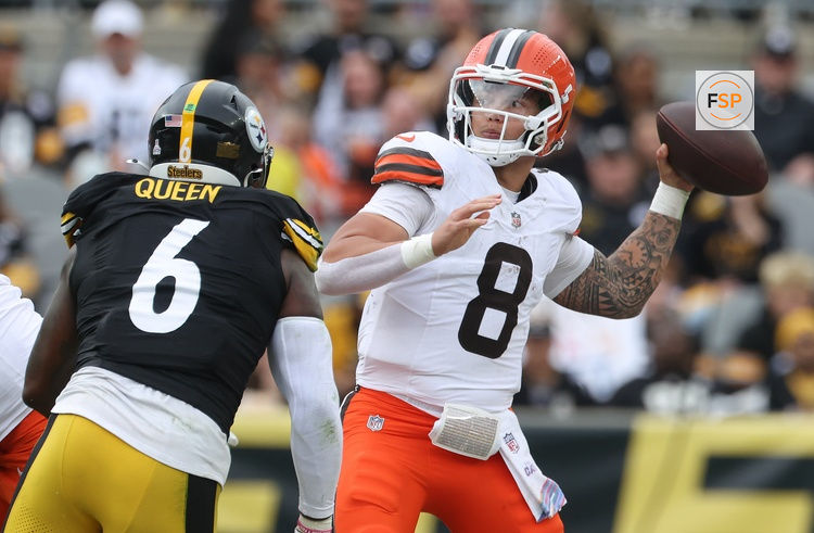 Oct 12, 2025; Pittsburgh, Pennsylvania, USA;  Cleveland Browns quarterback Dillon Gabriel (8) passes against pressure from Pittsburgh Steelers linebacker Patrick Queen (6) during the second quarter at Acrisure Stadium. Credit: Charles LeClaire-Imagn Images