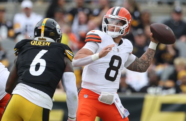 Oct 12, 2025; Pittsburgh, Pennsylvania, USA;  Cleveland Browns quarterback Dillon Gabriel (8) passes against pressure from Pittsburgh Steelers linebacker Patrick Queen (6) during the second quarter at Acrisure Stadium. Mandatory Credit: Charles LeClaire-Imagn Images