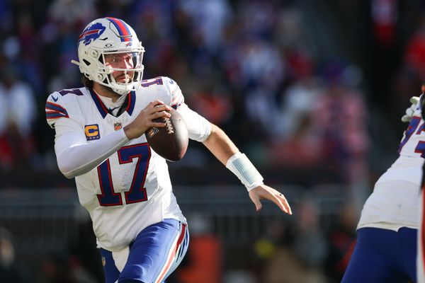 Dec 21, 2025; Cleveland, Ohio, USA;  Buffalo Bills quarterback Josh Allen (17) looks downfield against the Cleveland Browns during the first half at Huntington Bank Field. Mandatory Credit: Scott Galvin-Imagn Images