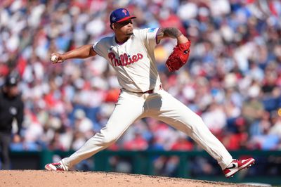 Apr 11, 2026; Philadelphia, Pennsylvania, USA; Philadelphia Phillies relief pitcher Jhoan Duran (59) throws a pitch against the Arizona Diamondbacks in the ninth inning at Citizens Bank Park. Mandatory Credit: Kyle Ross-Imagn Images