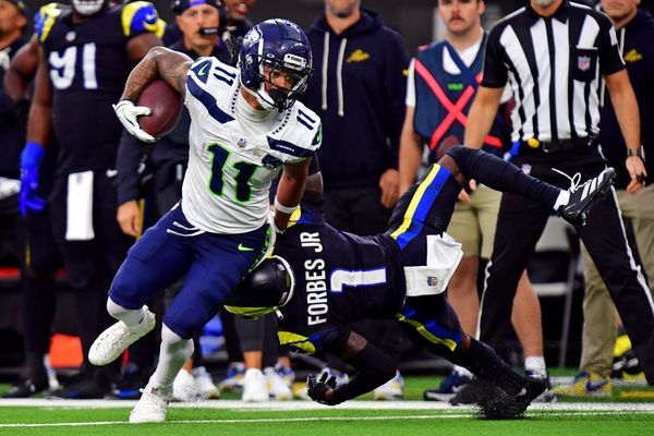 Nov 16, 2025; Inglewood, California, USA; Seattle Seahawks wide receiver Jaxon Smith-Njigba (11) against Los Angeles Rams cornerback Emmanuel Forbes Jr. (1) during the second half at SoFi Stadium. Mandatory Credit: Gary A. Vasquez-Imagn Images