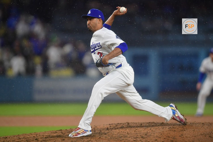 Mar 31, 2026; Los Angeles, California, USA; Los Angeles Dodgers pitcher Edwin Diaz (3) throws against the Cleveland Guardians during the ninth inning at Dodger Stadium. Credit: Gary A. Vasquez-Imagn Images