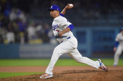 Mar 31, 2026; Los Angeles, California, USA; Los Angeles Dodgers pitcher Edwin Diaz (3) throws against the Cleveland Guardians during the ninth inning at Dodger Stadium. Mandatory Credit: Gary A. Vasquez-Imagn Images