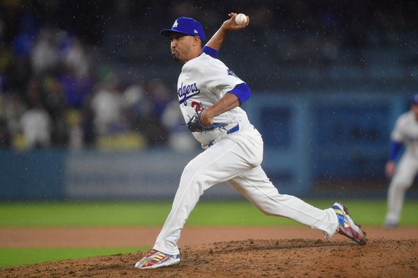 Mar 31, 2026; Los Angeles, California, USA; Los Angeles Dodgers pitcher Edwin Diaz (3) throws against the Cleveland Guardians during the ninth inning at Dodger Stadium. Mandatory Credit: Gary A. Vasquez-Imagn Images