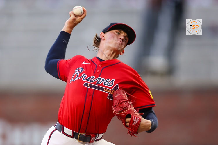 Sep 12, 2025; Atlanta, Georgia, USA; Atlanta Braves starting pitcher Hurston Waldrep (64) throws against the Houston Astros in the first inning at Truist Park. Credit: Brett Davis-Imagn Images