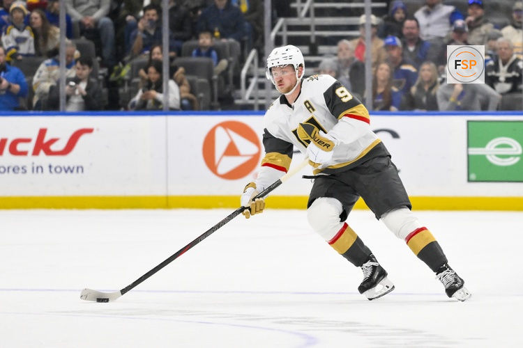 Jan 2, 2026; St. Louis, Missouri, USA; Vegas Golden Knights center Jack Eichel (9) controls the puck against the St. Louis Blues during the third period at Enterprise Center. Credit: Jeff Curry-Imagn Images