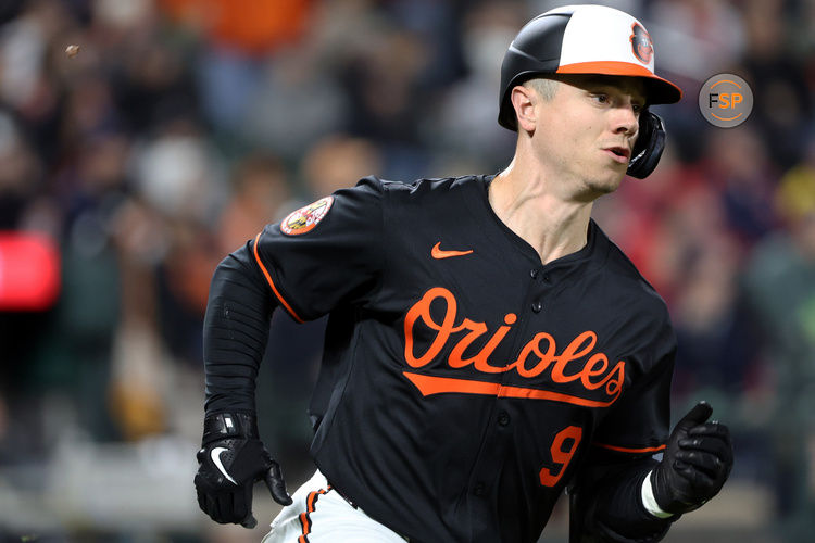 Apr 2, 2025; Baltimore, Maryland, USA; Baltimore Orioles outfielder Tyler O'Neill (9) runs to first base during the sixth inning against the Boston Red Sox at Oriole Park at Camden Yards. Credit: Daniel Kucin Jr.-Imagn Images