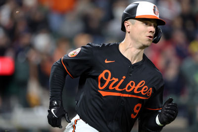 Apr 2, 2025; Baltimore, Maryland, USA; Baltimore Orioles outfielder Tyler O'Neill (9) runs to first base during the sixth inning against the Boston Red Sox at Oriole Park at Camden Yards. Mandatory Credit: Daniel Kucin Jr.-Imagn Images