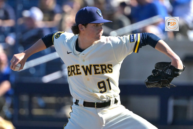 Feb 21, 2026; Phoenix, Arizona, USA;  Milwaukee Brewers pitcher Tyson Hardin (91) delivers to the plate in the fifth inning against the Milwaukee Brewers at American Family Fields of Phoenix. Credit: Jayne Kamin-Oncea-Imagn Images