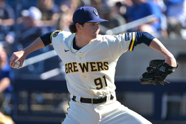 Feb 21, 2026; Phoenix, Arizona, USA;  Milwaukee Brewers pitcher Tyson Hardin (91) delivers to the plate in the fifth inning against the Milwaukee Brewers at American Family Fields of Phoenix. Mandatory Credit: Jayne Kamin-Oncea-Imagn Images